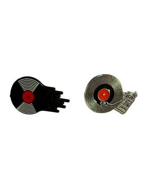 Retro Vinyl Melting Record and Turntable Enamel Pin Set Black/Red/Silver Music-T